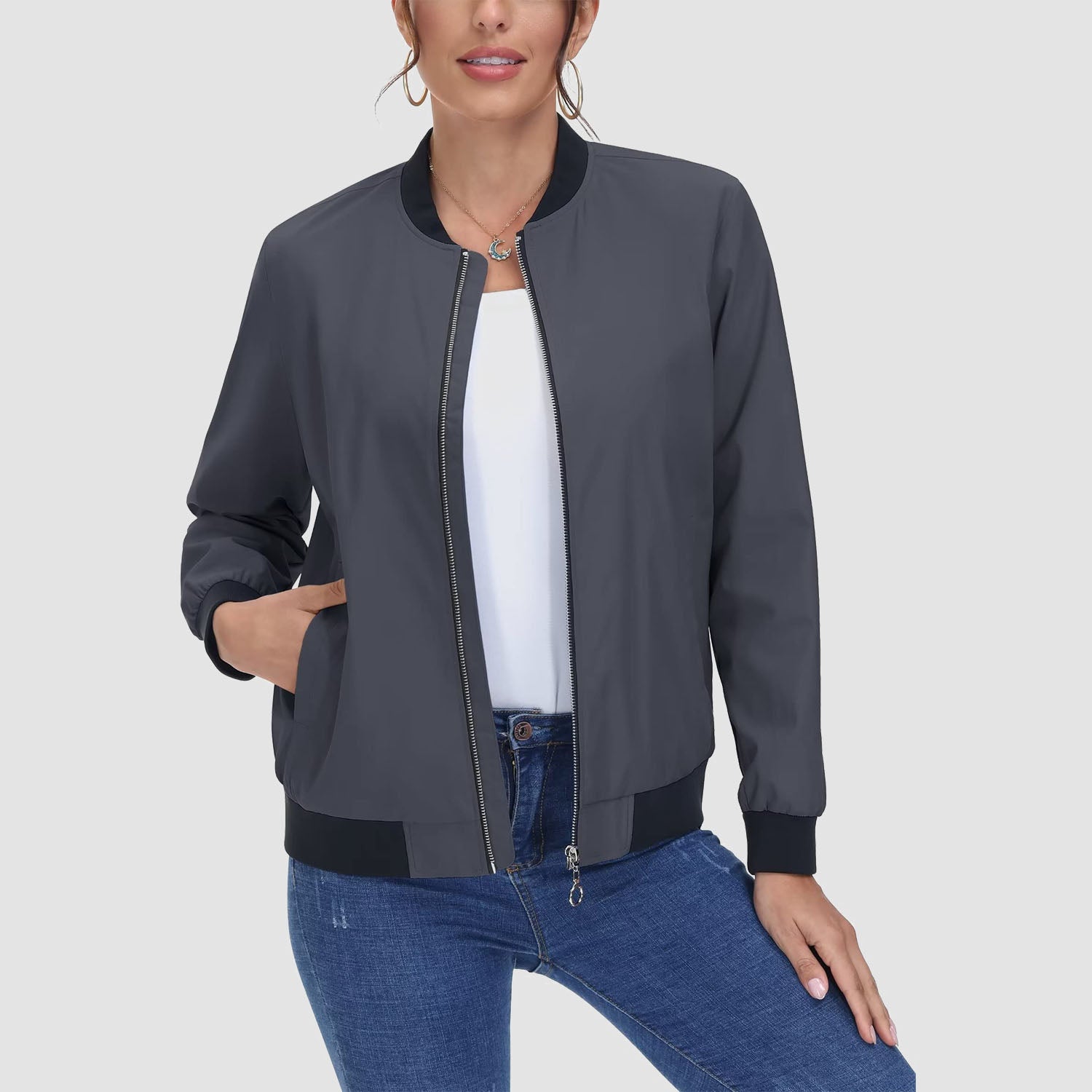 Women's Bomber Jacket Casual Zip Up Lightweight Coat Outerwear Windbreaker